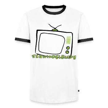 Medienkritik Shirt – Schwindelbude TV Satire State - Männer Kontrast-T-Shirt - Weiß/Schwarz - Vorne - AI Model Female 172 light (172cm) & AI Model Male 178 dark (178cm)