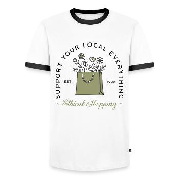 Shop local support small business - Men's Ringer Shirt - white/black - Front - AI Model Female 172 light (172cm) & AI Model Male 178 dark (178cm)