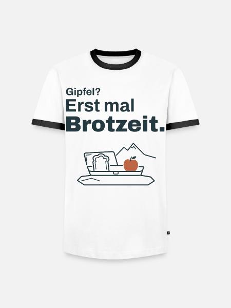 Gipfel? Erst mal Brotzeit – Wandern - Männer Kontrast-T-Shirt - Weiß/Schwarz
