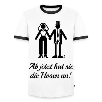 Ab Jetzt Hat Sie Die Hosen An! (JGA / Bräutigam) - Männer Kontrast-T-Shirt - Weiß/Schwarz - Vorne - AI Model Female 172 light (172cm) & AI Model Male 178 dark (178cm)