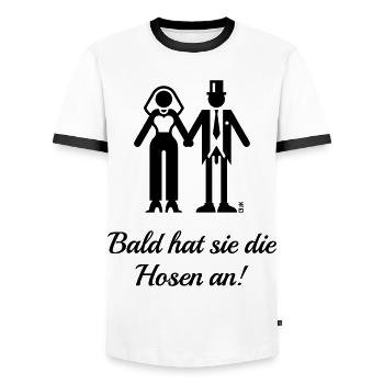 Bald Hat Sie Die Hosen An! (JGA, Bräutigam, Braut) - Männer Kontrast-T-Shirt - Weiß/Schwarz - Vorne - AI Model Female 172 light (172cm) & AI Model Male 178 dark (178cm)