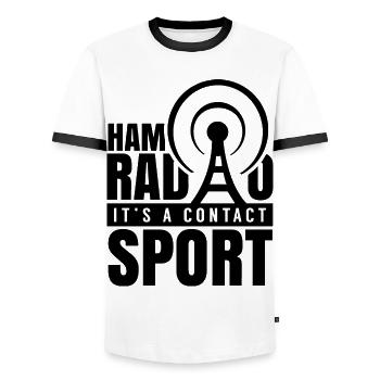 Amateur Radio It Is a Contact Sports Amateur Radio - Men's Ringer Shirt - white/black - Front - AI Model Female 172 light (172cm) & AI Model Male 178 dark (178cm)