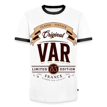 Département 83 Département Du Var France - T-shirt contrasté Homme - blanc/noir - Devant - AI Model Female 172 light (172cm) & AI Model Male 178 dark (178cm)