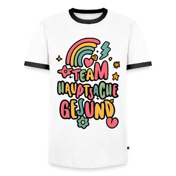 Gender Reveal Party Team Hauptsache Gesund - Männer Kontrast-T-Shirt - Weiß/Schwarz - Vorne - AI Model Female 172 light (172cm) & AI Model Male 178 dark (178cm)