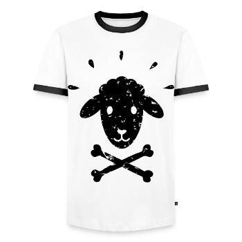 Jolly Roger Schaf – Schwarzes -Schaf – Mäh! - Männer Kontrast-T-Shirt - Weiß/Schwarz - Vorne - AI Model Female 172 light (172cm) & AI Model Male 178 dark (178cm)