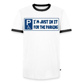 Juste dans mon fauteuil roulant pour le parking, humour # - T-shirt contrasté Homme - blanc/noir - Devant - AI Model Female 172 light (172cm) & AI Model Male 178 dark (178cm)