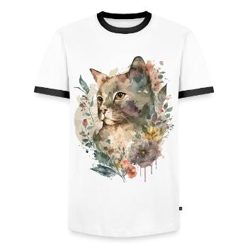 Katze Blumen Aquarell Zeichnung Kunst Bunt Floral - Männer Kontrast-T-Shirt - Weiß/Schwarz - Vorne - AI Model Female 172 light (172cm) & AI Model Male 178 dark (178cm)