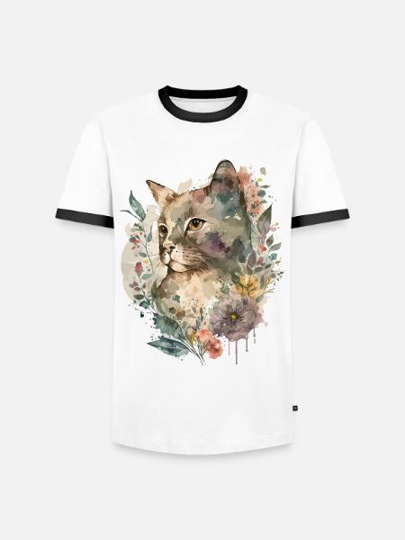 Cat Flowers Watercolor Drawing Art Colorful Floral - Men's Ringer Shirt - white/black