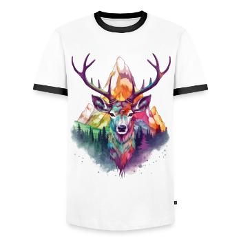 deer, deer, antler, animal, nature, forest, wilderness, mountains - Men's Ringer Shirt - white/black - Front - AI Model Female 172 light (172cm) & AI Model Male 178 dark (178cm)