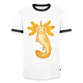 Gelber Einhorn-Axolotl - Männer Kontrast-T-Shirt - Weiß/Schwarz - Vorne - AI Model Female 172 light (172cm) & AI Model Male 178 dark (178cm)