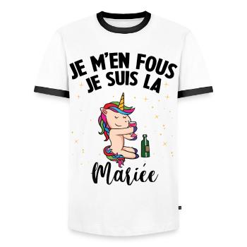 Je m'en fou j suis la Mariée Bride EVJF Licorne - T-shirt contrasté Homme - blanc/noir - Devant - AI Model Female 172 light (172cm) & AI Model Male 178 dark (178cm)