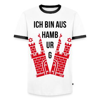 Ich Bin Aus Hamburg (Hamburger / Wappen) - Männer Kontrast-T-Shirt - Weiß/Schwarz - Vorne - AI Model Female 172 light (172cm) & AI Model Male 178 dark (178cm)
