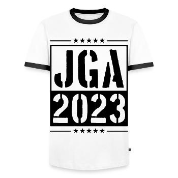 Jga 2023 Enterrement de vie de garçon - T-shirt contrasté Homme - blanc/noir - Devant - AI Model Female 172 light (172cm) & AI Model Male 178 dark (178cm)