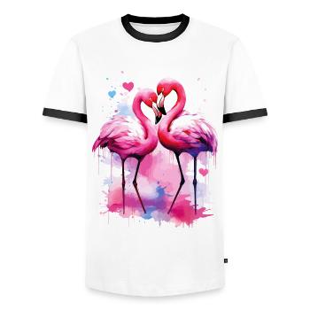 Flamingo Amour Couple Couple Romantique Coeur J’Aime - T-shirt contrasté Homme - blanc/noir - Devant - AI Model Female 172 light (172cm) & AI Model Male 178 dark (178cm)