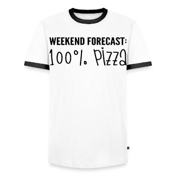 Vorhersage für das Wochenende: 100% Pizza - Männer Kontrast-T-Shirt - Weiß/Schwarz - Vorne - AI Model Female 172 light (172cm) & AI Model Male 178 dark (178cm)