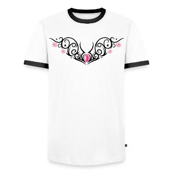 Tribal with cherry blossom, Tattoo - Men's Ringer Shirt - white/black - Front - AI Model Female 172 light (172cm) & AI Model Male 178 dark (178cm)