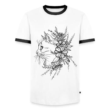 Cat with Flowers Tattoo Art Cat Flowers Art - Men's Ringer Shirt - white/black - Front - AI Model Female 172 light (172cm) & AI Model Male 178 dark (178cm)