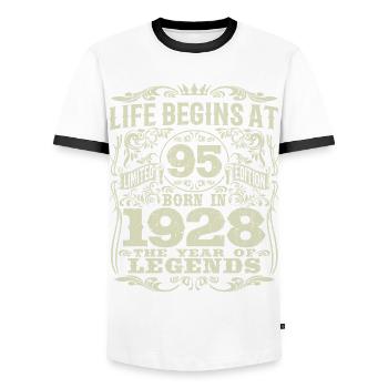 95 years old - birthday 1928 - born in 1928 - Men's Ringer Shirt - white/black - Front - AI Model Female 172 light (172cm) & AI Model Male 178 dark (178cm)