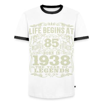 85 years old - birthday 1938 - born in 1938 - Men's Ringer Shirt - white/black - Front - AI Model Female 172 light (172cm) & AI Model Male 178 dark (178cm)