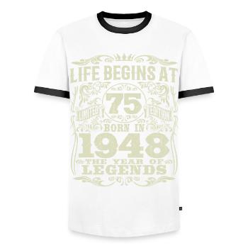 75 years old - birthday 1948 - born in 1948 - Men's Ringer Shirt - white/black - Front - AI Model Female 172 light (172cm) & AI Model Male 178 dark (178cm)