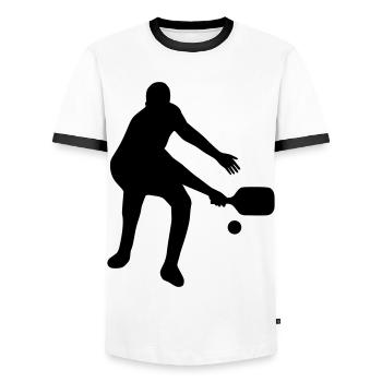 Pickleball Player T-Shirt - Men's Ringer Shirt - white/black - Front - AI Model Female 172 light (172cm) & AI Model Male 178 dark (178cm)