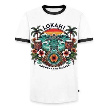 Lokahi - Hawaiianische Harmonie & Balance Schildkröte Design - Männer Kontrast-T-Shirt - Weiß/Schwarz - Vorne - AI Model Female 172 light (172cm) & AI Model Male 178 dark (178cm)