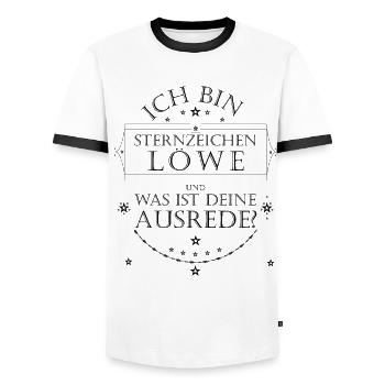 Sternzeichen Löwe. Was ist deine Ausrede? schwarz - Männer Kontrast-T-Shirt - Weiß/Schwarz - Vorne - AI Model Female 172 light (172cm) & AI Model Male 178 dark (178cm)