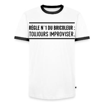 Règle n°1 du bricoleur : toujours improviser - T-shirt contrasté Homme - blanc/noir - Devant - AI Model Female 172 light (172cm) & AI Model Male 178 dark (178cm)