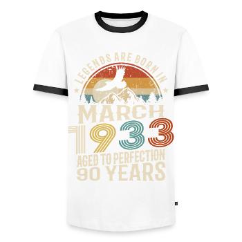 März 1933 - 90 Jahre alt - 90. Geburtstag - Männer Kontrast-T-Shirt - Weiß/Schwarz - Vorne - AI Model Female 172 light (172cm) & AI Model Male 178 dark (178cm)