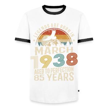 März 1938 - 85 Jahre alt - 85. Geburtstag - Männer Kontrast-T-Shirt - Weiß/Schwarz - Vorne - AI Model Female 172 light (172cm) & AI Model Male 178 dark (178cm)