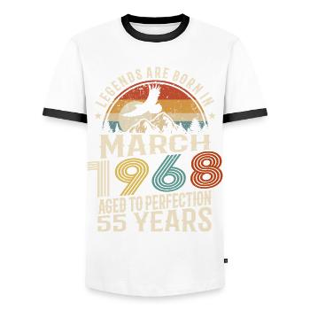 März 1968 - 55 Jahre alt - 55. Geburtstag - Männer Kontrast-T-Shirt - Weiß/Schwarz - Vorne - AI Model Female 172 light (172cm) & AI Model Male 178 dark (178cm)