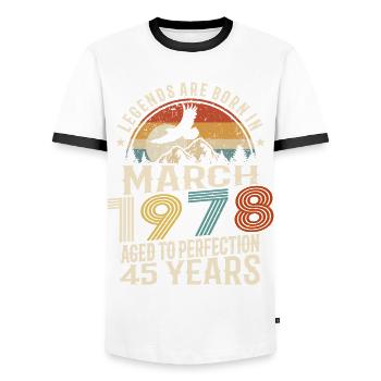 März 1978 - 45 Jahre alt - 45. Geburtstag - Männer Kontrast-T-Shirt - Weiß/Schwarz - Vorne - AI Model Female 172 light (172cm) & AI Model Male 178 dark (178cm)