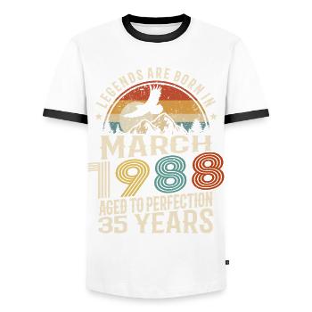 März 1988 - 35 Jahre alt - 35. Geburtstag - Männer Kontrast-T-Shirt - Weiß/Schwarz - Vorne - AI Model Female 172 light (172cm) & AI Model Male 178 dark (178cm)
