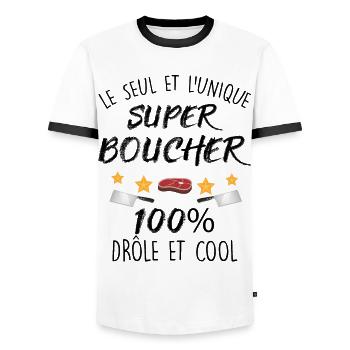 Super Papa Boucher Cadeau Homme Boucherie - T-shirt contrasté Homme - blanc/noir - Devant - AI Model Female 172 light (172cm) & AI Model Male 178 dark (178cm)
