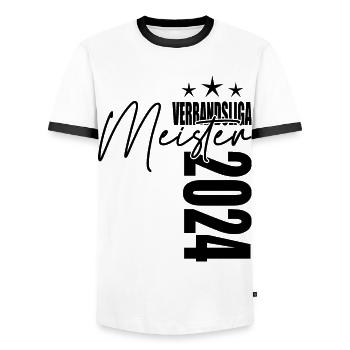 Meister Verbandsliga 2024 Aufstiegstrikot - Männer Kontrast-T-Shirt - Weiß/Schwarz - Vorne - AI Model Female 172 light (172cm) & AI Model Male 178 dark (178cm)
