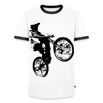 Vélo de montagne faisant un wheelie. - T-shirt contrasté Homme - blanc/noir - Devant - AI Model Female 172 light (172cm) & AI Model Male 178 dark (178cm)