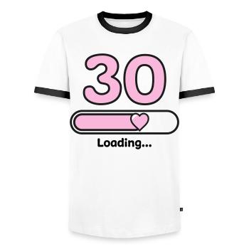 30 years anniversary - Men's Ringer Shirt - white/black - Front - AI Model Female 172 light (172cm) & AI Model Male 178 dark (178cm)