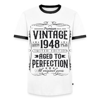 Born 1948 Vintage Birthday Gift - Men's Ringer Shirt - white/black - Front - AI Model Female 172 light (172cm) & AI Model Male 178 dark (178cm)