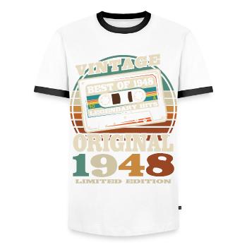 75 years old - birthday 1948 - born in 1948 - Men's Ringer Shirt - white/black - Front - AI Model Female 172 light (172cm) & AI Model Male 178 dark (178cm)