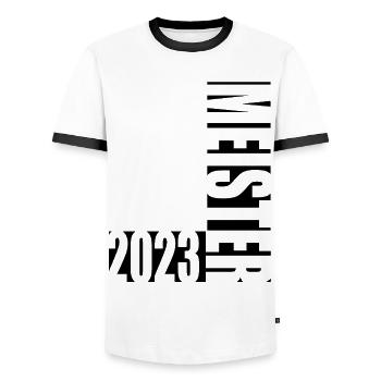 Meister 2023 Aufstiegstrikot Aufstieg 23 - Männer Kontrast-T-Shirt - Weiß/Schwarz - Vorne - AI Model Female 172 light (172cm) & AI Model Male 178 dark (178cm)