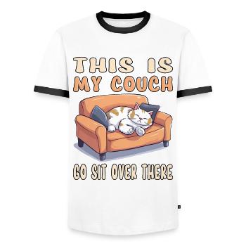 Cat Couch Sofa Funny Humor Typical Cartoon - Men's Ringer Shirt - white/black - Front - AI Model Female 172 light (172cm) & AI Model Male 178 dark (178cm)