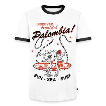 Marsupilami Palombia Design Sun, Sea, Surf - Men's Ringer Shirt - white/black - Front - AI Model Female 172 light (172cm) & AI Model Male 178 dark (178cm)