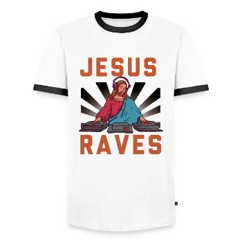Jesus Raves – The DJ with a divine beat - Men's Ringer Shirt - white/black - Front - AI Model Female 172 light (172cm) & AI Model Male 178 dark (178cm)