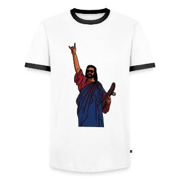 Jesus skates – Holy style on the board - Men's Ringer Shirt - white/black - Front - AI Model Female 172 light (172cm) & AI Model Male 178 dark (178cm)