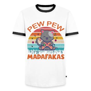 Pew Pew Funny Cat - Männer Kontrast-T-Shirt - Weiß/Schwarz - Vorne - AI Model Female 172 light (172cm) & AI Model Male 178 dark (178cm)
