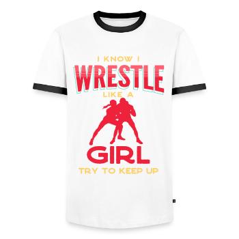 Wrestling, Wrestling Freestyle Wrestling, Wrestler, - Men's Ringer Shirt - white/black - Front - AI Model Female 172 light (172cm) & AI Model Male 178 dark (178cm)