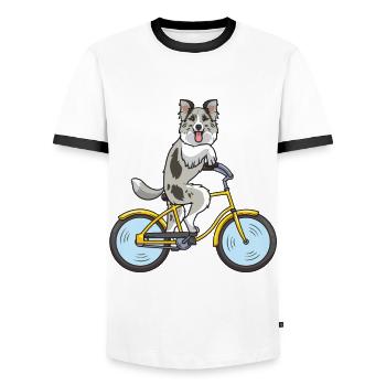Chien Border Collie à vélo - T-shirt contrasté Homme - blanc/noir - Devant - AI Model Female 172 light (172cm) & AI Model Male 178 dark (178cm)