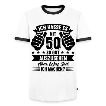 50. Geburtstag - Männer Kontrast-T-Shirt - Weiß/Schwarz - Vorne - AI Model Female 172 light (172cm) & AI Model Male 178 dark (178cm)