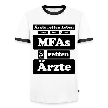 Medizinische Fachangestellte Krankenschwester MFA - Männer Kontrast-T-Shirt - Weiß/Schwarz - Vorne - AI Model Female 172 light (172cm) & AI Model Male 178 dark (178cm)