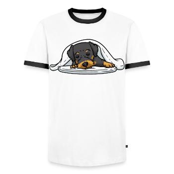 German Hunting Terrier Dog Official Sleeping Shirt - Men's Ringer Shirt - white/black - Front - AI Model Female 172 light (172cm) & AI Model Male 178 dark (178cm)